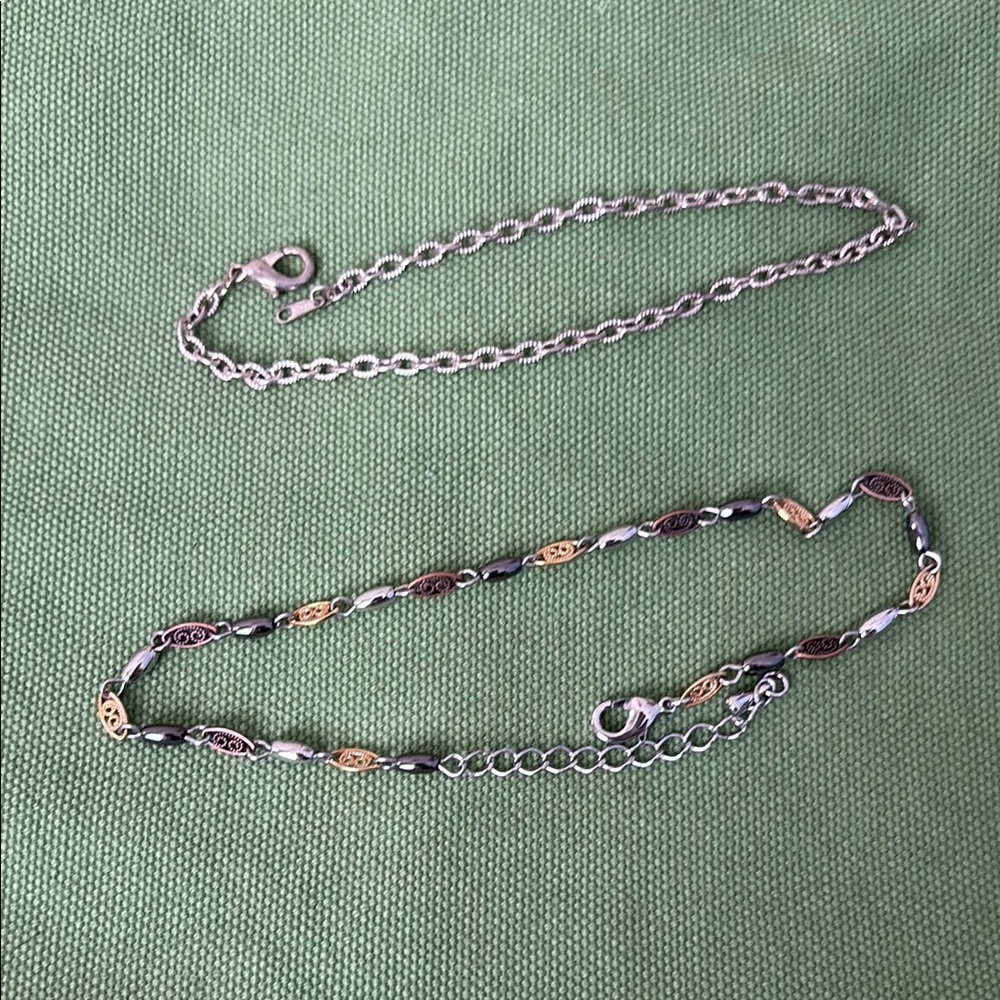Set of 2 Silver and Gold Dainty Chain Ankle Bracelets with Bead Accents